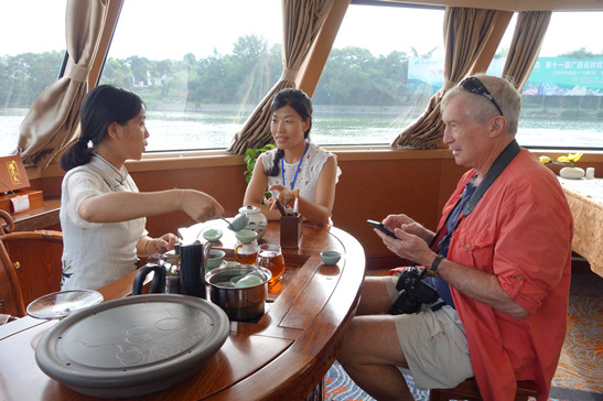 The tea ceremony aboard our 4 Star river boat. Pictured are the lady who demonstrated what the tea ceremony was all about, Julie, and Jay